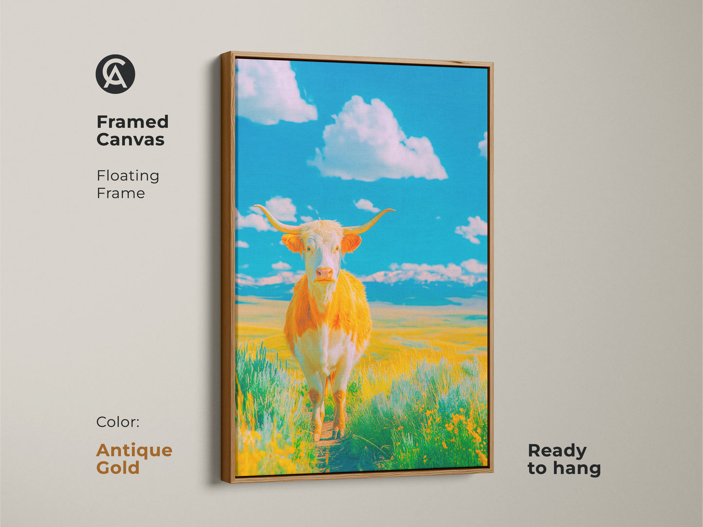 Framed canvas with an antique gold floating frame. The artwork depicts a Longhorn cow gazing forward in a field of flowers. The background features a beautiful blue sky with clouds. This elegant framed art is ready to hang.