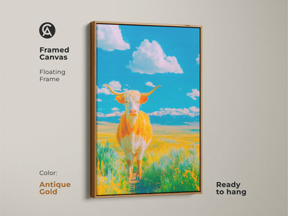 Framed canvas with an antique gold floating frame. The artwork depicts a Longhorn cow gazing forward in a field of flowers. The background features a beautiful blue sky with clouds. This elegant framed art is ready to hang.