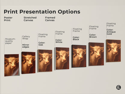 Explore our print presentation options. Choose from poster prints stretched canvases and framed canvases. Each option showcases the stunning bull artwork. Select your preferred style and frame color today!