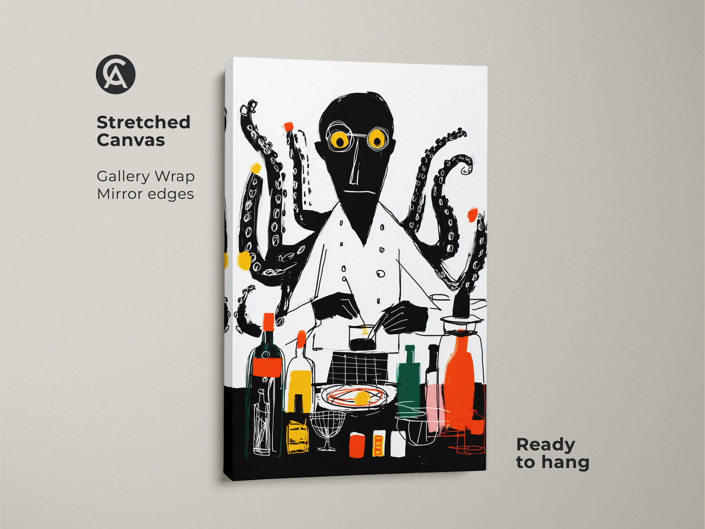 Stretched canvas print of an octopus chef. The gallery wrap has mirror edges. This black white and yellow abstract kitchen art is ready to hang for eclectic bar decor.