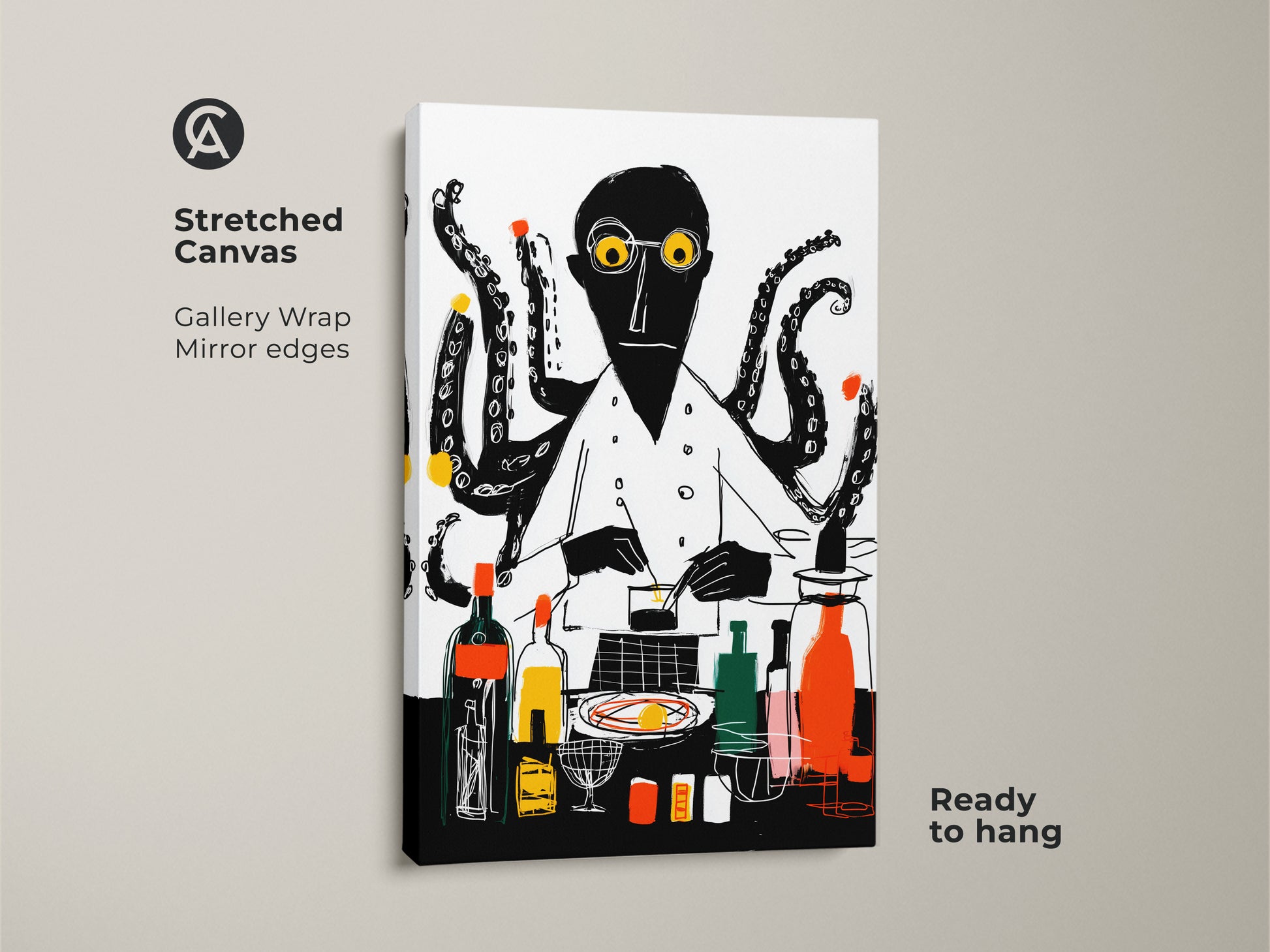 Stretched canvas print of an octopus chef. The gallery wrap has mirror edges. This black white and yellow abstract kitchen art is ready to hang for eclectic bar decor.
