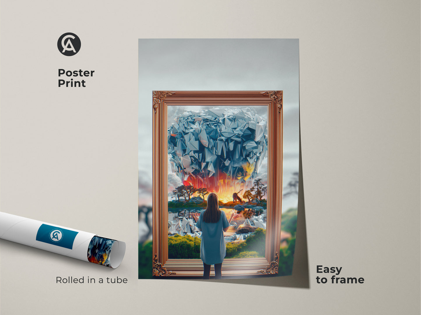Poster Print of Fantasy Art. This surreal dreamscape features a woman gazing into an abstract crystal world. The blue orange yellow wall art is easy to frame. Perfect eclectic bedroom decor for dreamer's anniversary gift. Rolled in a tube for protection.