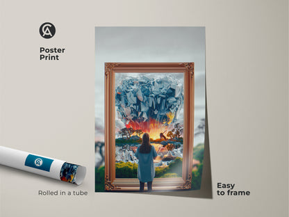 Poster Print of Fantasy Art. This surreal dreamscape features a woman gazing into an abstract crystal world. The blue orange yellow wall art is easy to frame. Perfect eclectic bedroom decor for dreamer's anniversary gift. Rolled in a tube for protection.