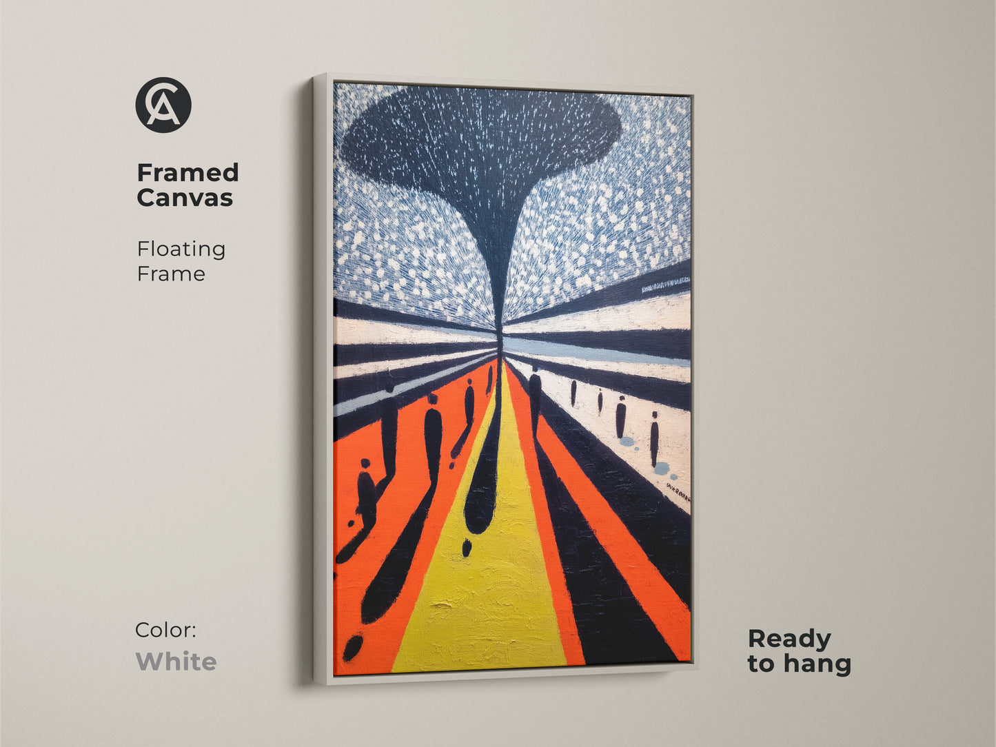 Framed canvas with a floating frame in White. This contemporary figurative art features geometric people in an orange blue and yellow palette. A unique wall hanging art print.