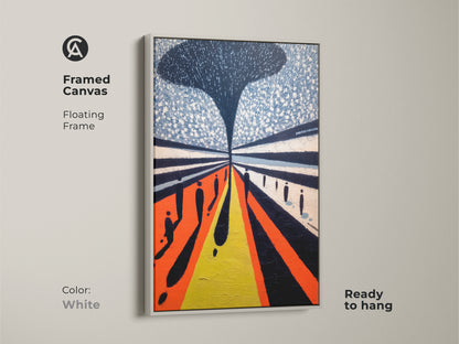 Framed canvas with a floating frame in White. This contemporary figurative art features geometric people in an orange blue and yellow palette. A unique wall hanging art print.