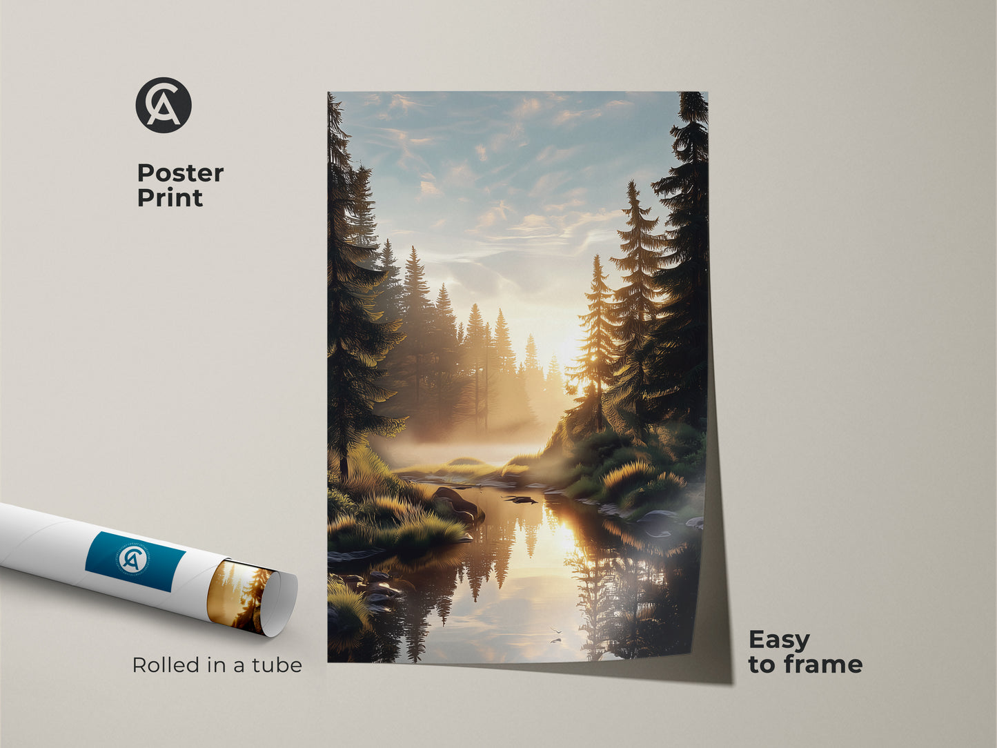 Poster print showcasing a golden hour pine forest river scene. The nature artwork arrives rolled in a tube for easy framing. This scenic forest artwork adds a touch of tranquility to any space. Perfect as a housewarming gift art for nature lovers.
