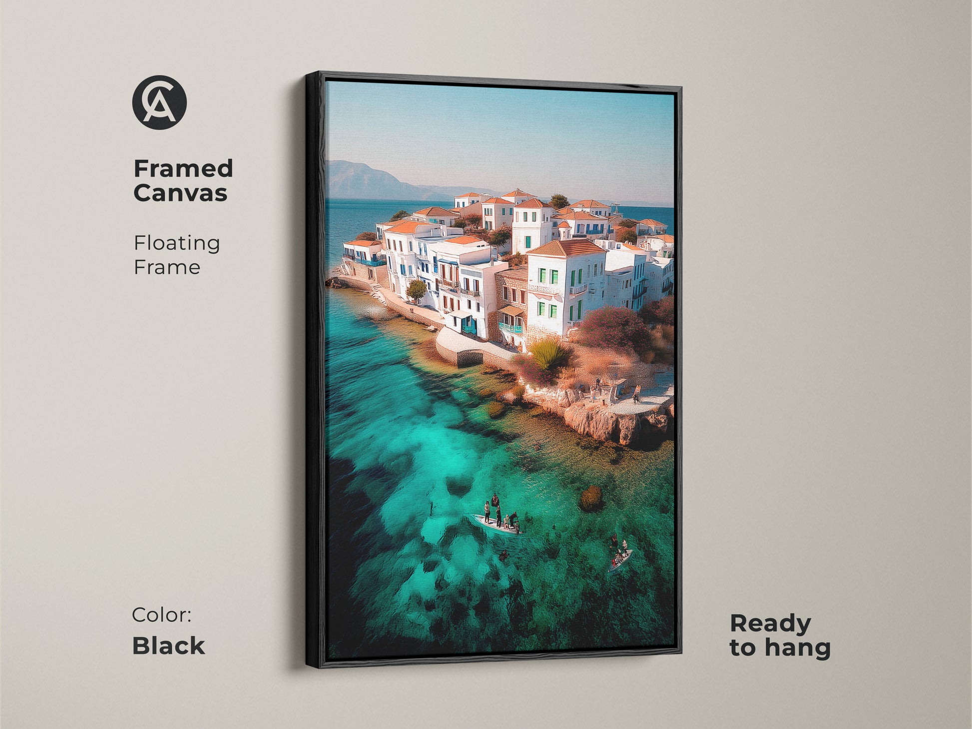 Framed canvas of a coastal island village art. The floating frame is black. This turquoise water aerial seascape print adds a Mediterranean touch. It’s ready to hang. Perfect for travel lovers this art features a scenic island village.