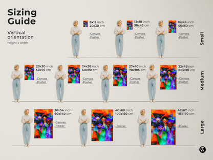 Sizing Guide showcasing vertical orientation options. This artwork is available in small medium and large sizes. Perfect for canvas or poster prints to fit any space.