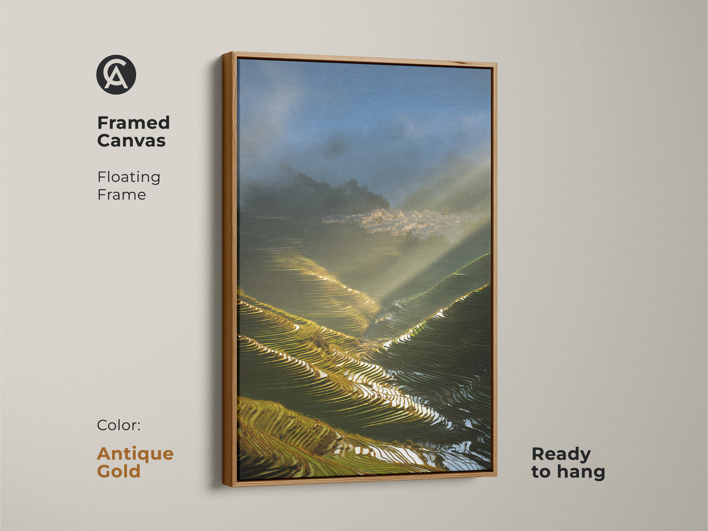 Framed Canvas presents Terrace Fields art with golden sunbeams and a distant village. The photorealistic artwork with an antique gold floating frame offers peaceful landscape. Nature-inspired wall hanging is ready to hang.