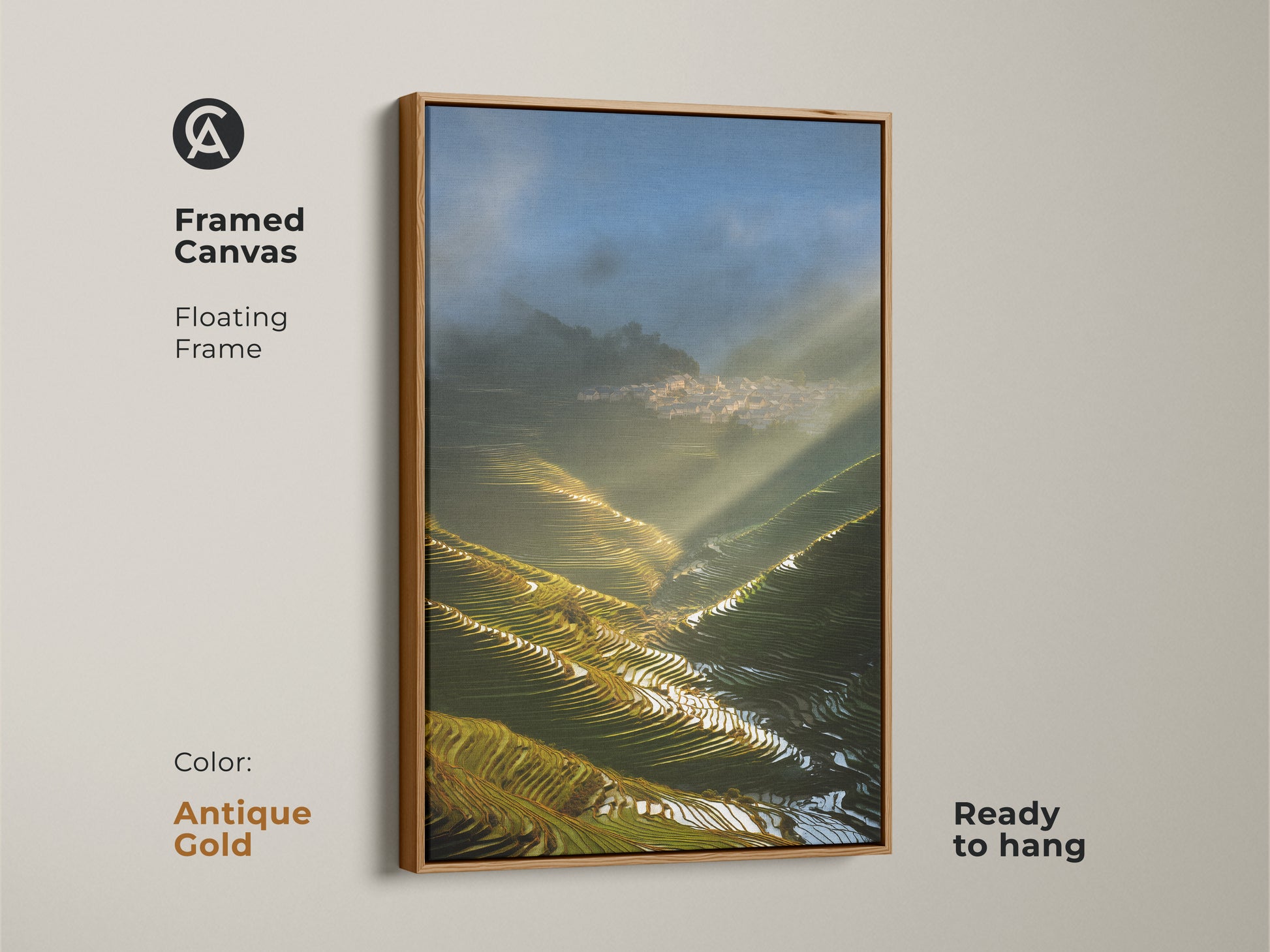 Framed Canvas presents Terrace Fields art with golden sunbeams and a distant village. The photorealistic artwork with an antique gold floating frame offers peaceful landscape. Nature-inspired wall hanging is ready to hang.