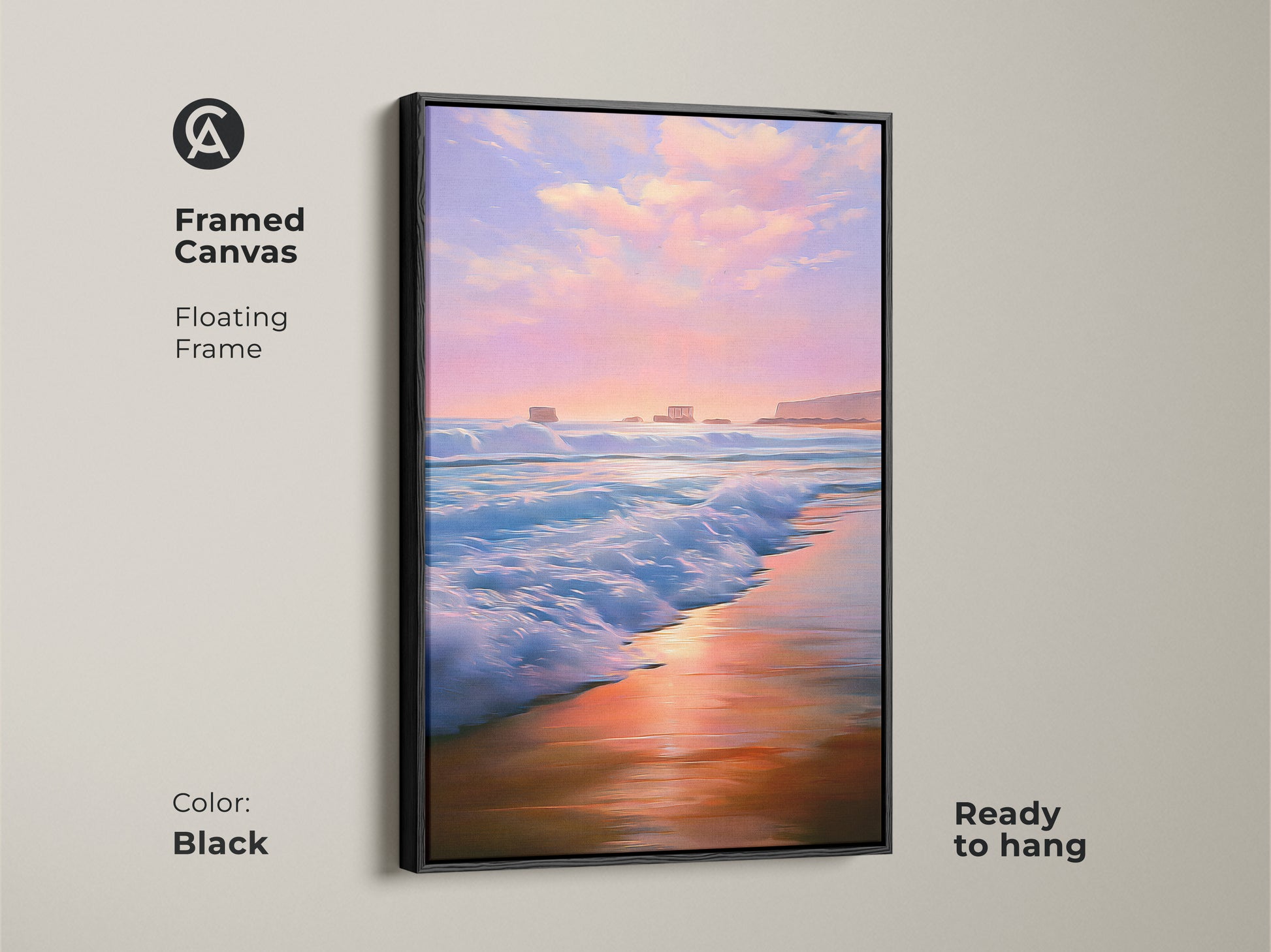 Framed canvas features a black floating frame enhancing the pink purple impressionist seascape. Ready to hang coastal sunset wall art creates a soothing bedroom ocean view a perfect art for coastal home decor.