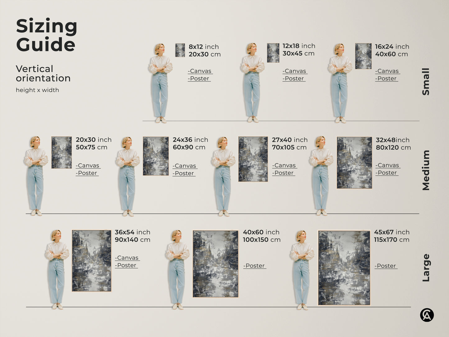Explore the sizing guide for abstract cityscape art. Vertical orientations are available in various sizes. Choose canvas or poster prints. Find the perfect charcoal gold wall art for your space. Discover contemporary office decor and gothic architecture art to suit your needs.
