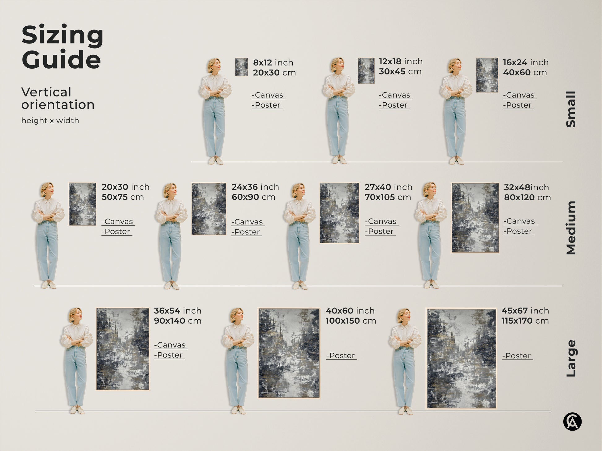 Explore the sizing guide for abstract cityscape art. Vertical orientations are available in various sizes. Choose canvas or poster prints. Find the perfect charcoal gold wall art for your space. Discover contemporary office decor and gothic architecture art to suit your needs.