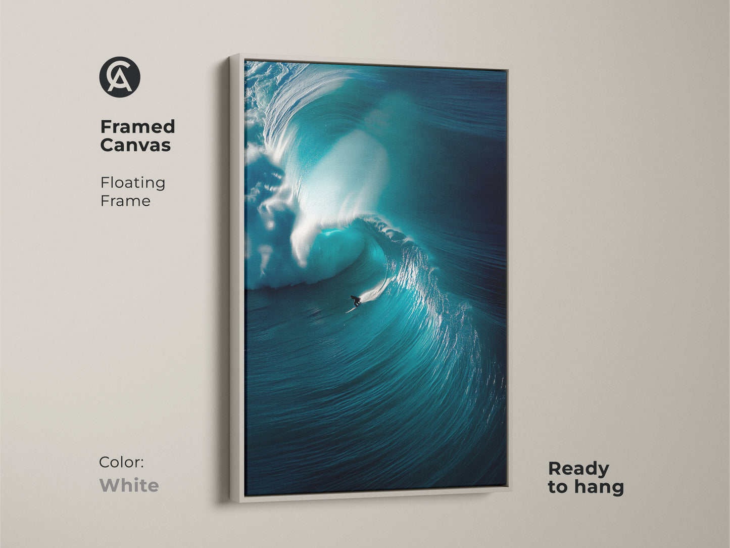 This framed canvas artwork shows a surfer riding a massive wave. The white floating frame gives it a clean modern look. This ocean art print is ready to hang. This artwork will bring the beauty of the ocean to your living space.