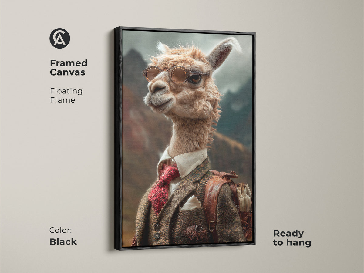 Elevate your wall decor with this framed canvas of a dapper llama in suit. The black floating frame enhances this unique animal portrait. Perfect for study office or any room needing eclectic flair. This tan cream brown artwork is sophisticated and fun. A cool gift for animal lovers ready to hang.