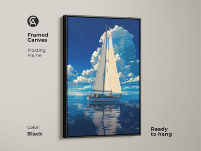 Framed canvas of sailboat artwork. Nautical landscape art with a deep blue sky. This coastal ocean artwork is ready to hang. The black floating frame enhances the beauty of this maritime art a great addition to any boat lover's collection.