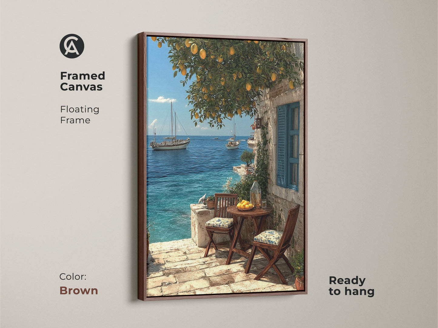 Framed in brown this canvas art print shows a Mediterranean coastal scene. Sailboats dot the clear blue sea under a lemon tree. The floating frame enhances the realistic landscape painting. Ready to hang this piece is ideal for beach house decor. It brings nautical charm to your home.