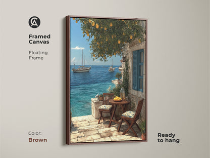 Framed in brown this canvas art print shows a Mediterranean coastal scene. Sailboats dot the clear blue sea under a lemon tree. The floating frame enhances the realistic landscape painting. Ready to hang this piece is ideal for beach house decor. It brings nautical charm to your home.