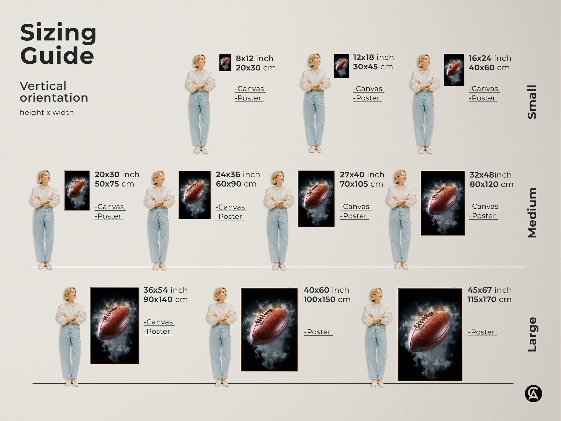 Sizing guide showing various vertical orientations for the football canvas art print. Ranging from small to large sizes in both canvas and poster options. Find the perfect fit for your space.