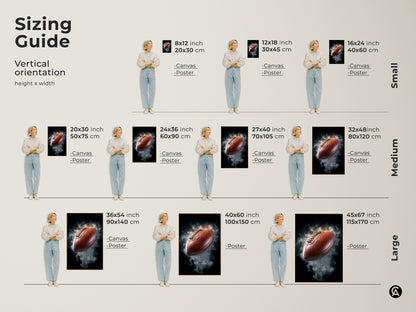 Sizing guide showing various vertical orientations for the football canvas art print. Ranging from small to large sizes in both canvas and poster options. Find the perfect fit for your space.