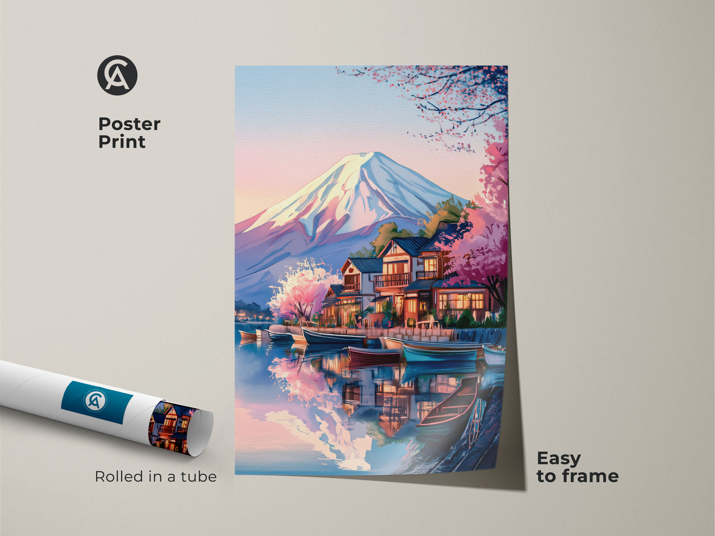 Poster print of a Japanese landscape featuring Mount Fuji and cherry blossoms. This Ukiyo-e inspired art is easy to frame and adds a touch of Asian scenery to your space. Rolled in a tube this wall decor brings calm nature and Japandi aesthetic to any room