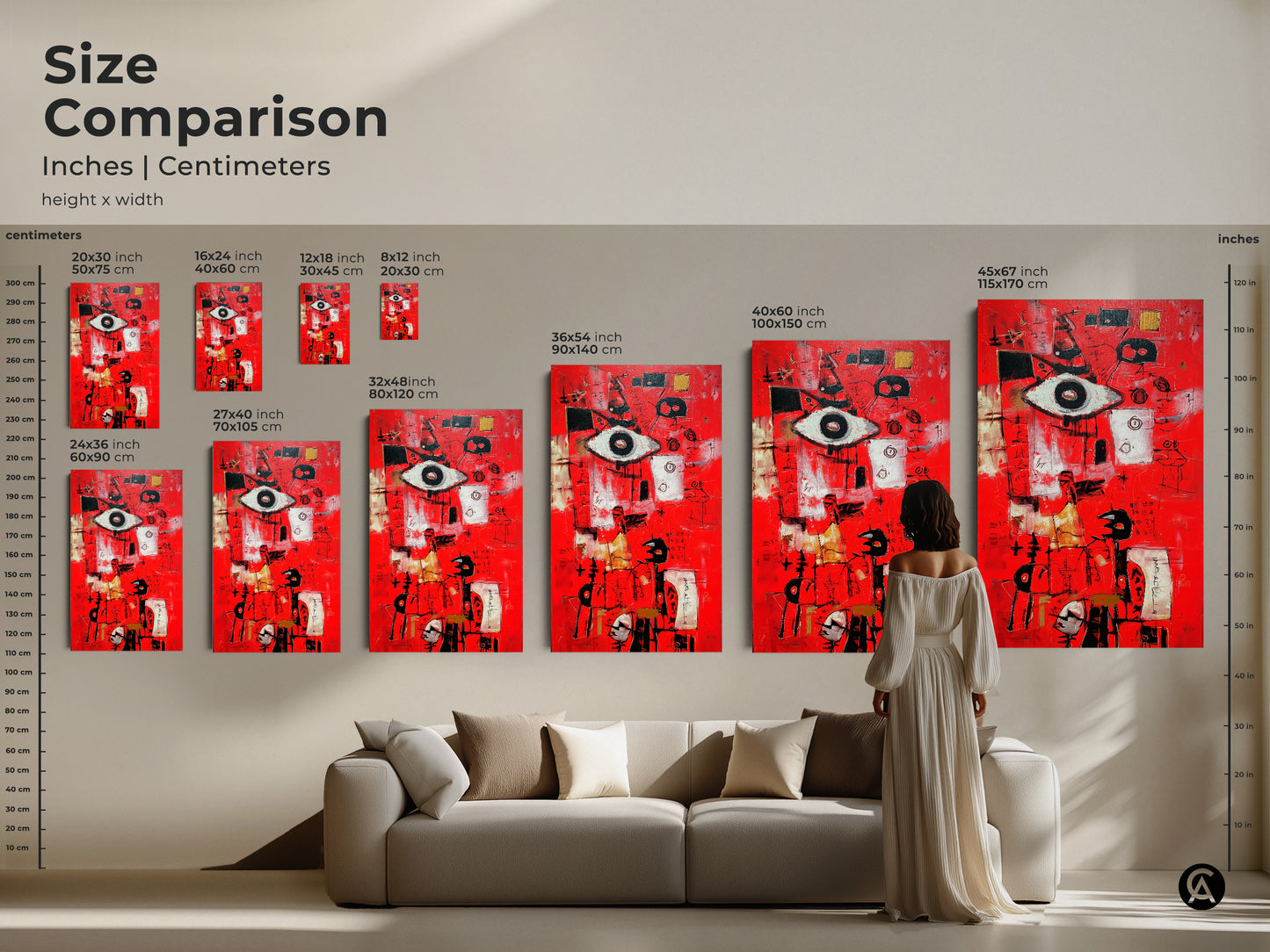 Size comparison of abstract art prints. See the difference between canvas and poster sizes. Artwork sizes range from small to large. Visualize the art in a living room setting. Find the perfect size to complement your space.