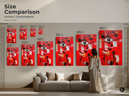 Size comparison of abstract art prints. See the difference between canvas and poster sizes. Artwork sizes range from small to large. Visualize the art in a living room setting. Find the perfect size to complement your space.