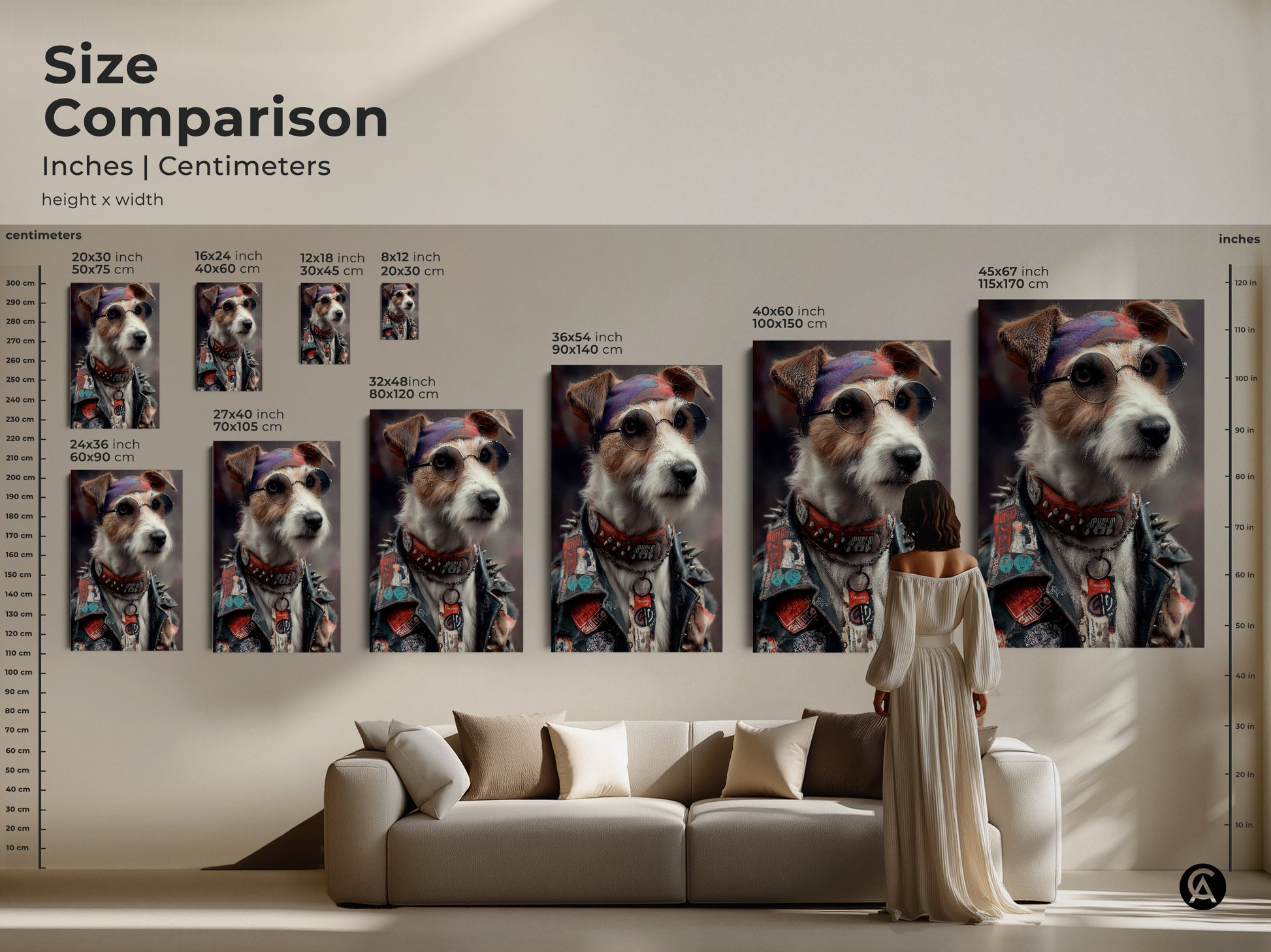 A size comparison of cool dog art prints in inches and centimeters. The punk Jack Russell Terrier artwork is showcased in different sizes. This is the perfect wall art for any space. It will bring a rebellious edge to eclectic homes. Ideal for man caves