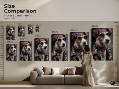 A size comparison of cool dog art prints in inches and centimeters. The punk Jack Russell Terrier artwork is showcased in different sizes. This is the perfect wall art for any space. It will bring a rebellious edge to eclectic homes. Ideal for man caves
