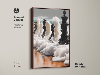 Framed canvas showcasing abstract chess wall art. See the surreal ocean waves art. A brown frame complements the black and white chess print. This makes a great gift for a chess lover. This offers a unique perspective on strategy and nature.