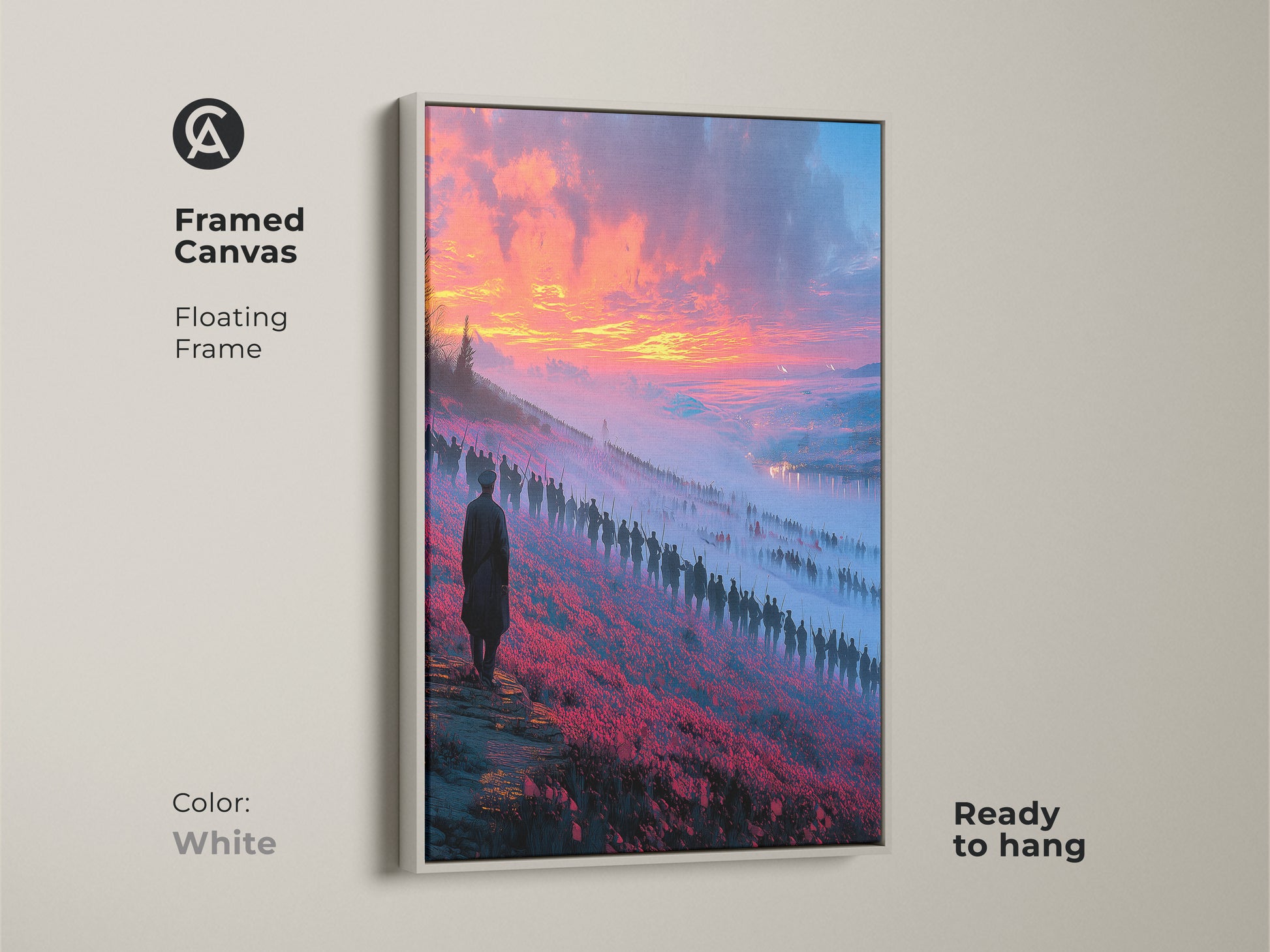 Framed canvas featuring an epic fantasy landscape art. This surreal procession wall art has a sunset sky canvas print. This orange and blue tones art is ready to hang in a white floating frame.