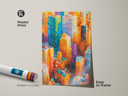Framed canvas featuring cityscape artwork with a black floating frame. This stunning piece showcases vibrant skyscrapers in blues oranges and yellows. Ready to hang. The black frame adds a touch of modern elegance. This urban art captures the energy of a metropolis. Perfect for adding sophistication to any space