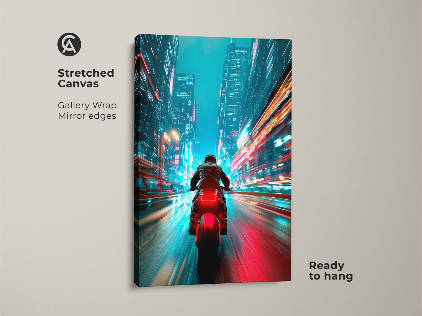 Stretched canvas of a cyberpunk cityscape. The artwork features a rider on a motorcycle. The motion blur effect adds to the futuristic aesthetic. This neon blue and red art print is ready to hang. The gallery wrap has mirror edges for a clean look.