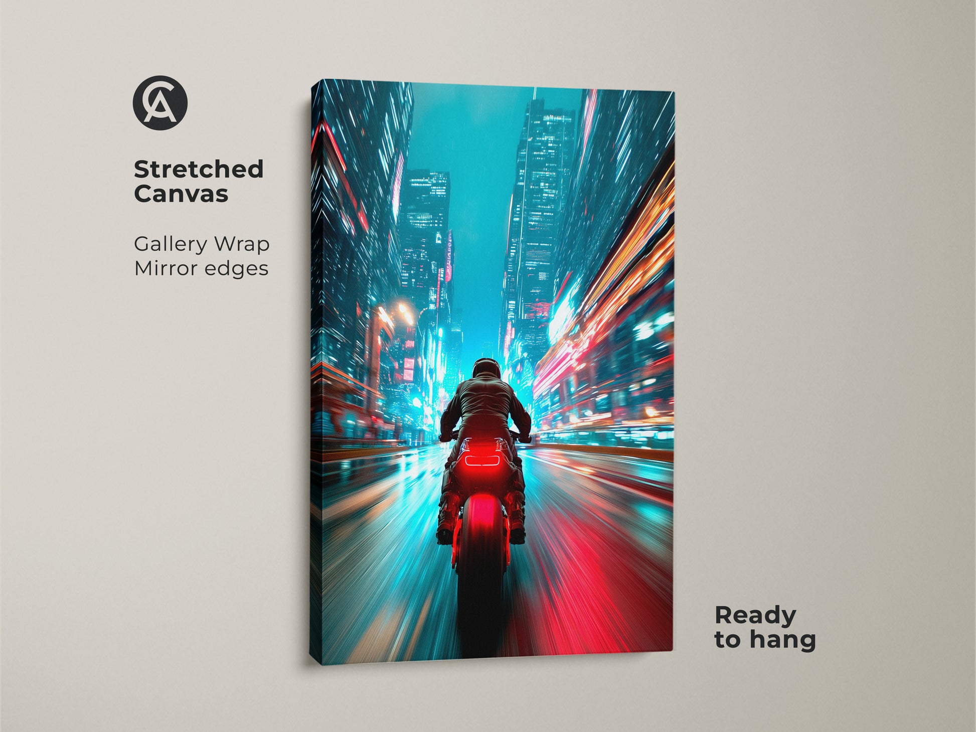 Stretched canvas of a cyberpunk cityscape. The artwork features a rider on a motorcycle. The motion blur effect adds to the futuristic aesthetic. This neon blue and red art print is ready to hang. The gallery wrap has mirror edges for a clean look.