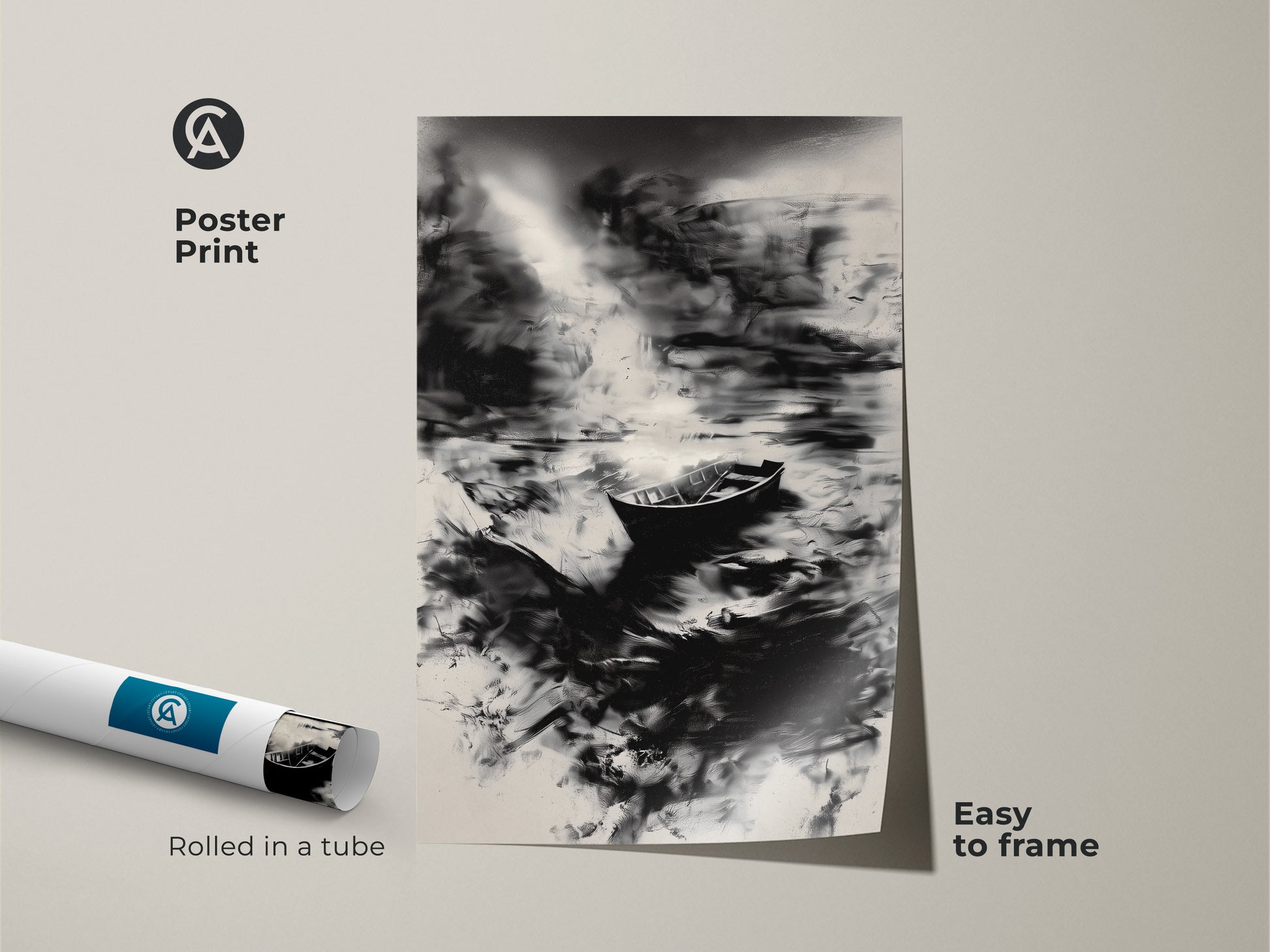 A minimalist black and white abstract boat art poster print is rolled in a tube. This monochrome landscape adds modern decor to any room. Easy to frame this serene water print for instant elegance. It's a perfect piece of abstract nature artwork. Consider this coastal wall art.