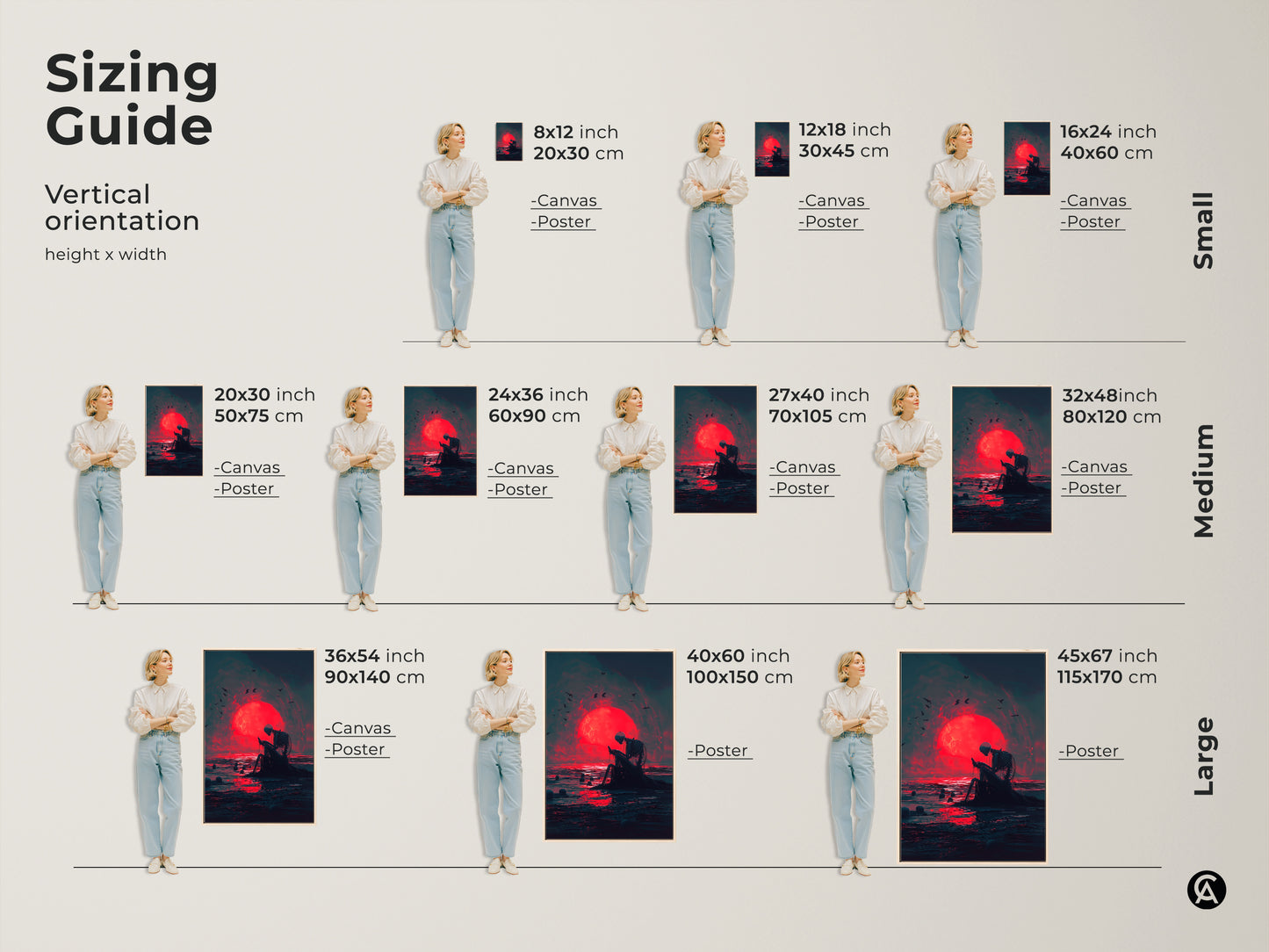 Sizing guide for vertical skeleton artwork sitting by the ocean during a red moon. Visualize how different sizes fit your space. Available as canvas or poster. Choose from small medium and large sizes. Find the perfect fit for your home decor. Shop now and transform your walls.