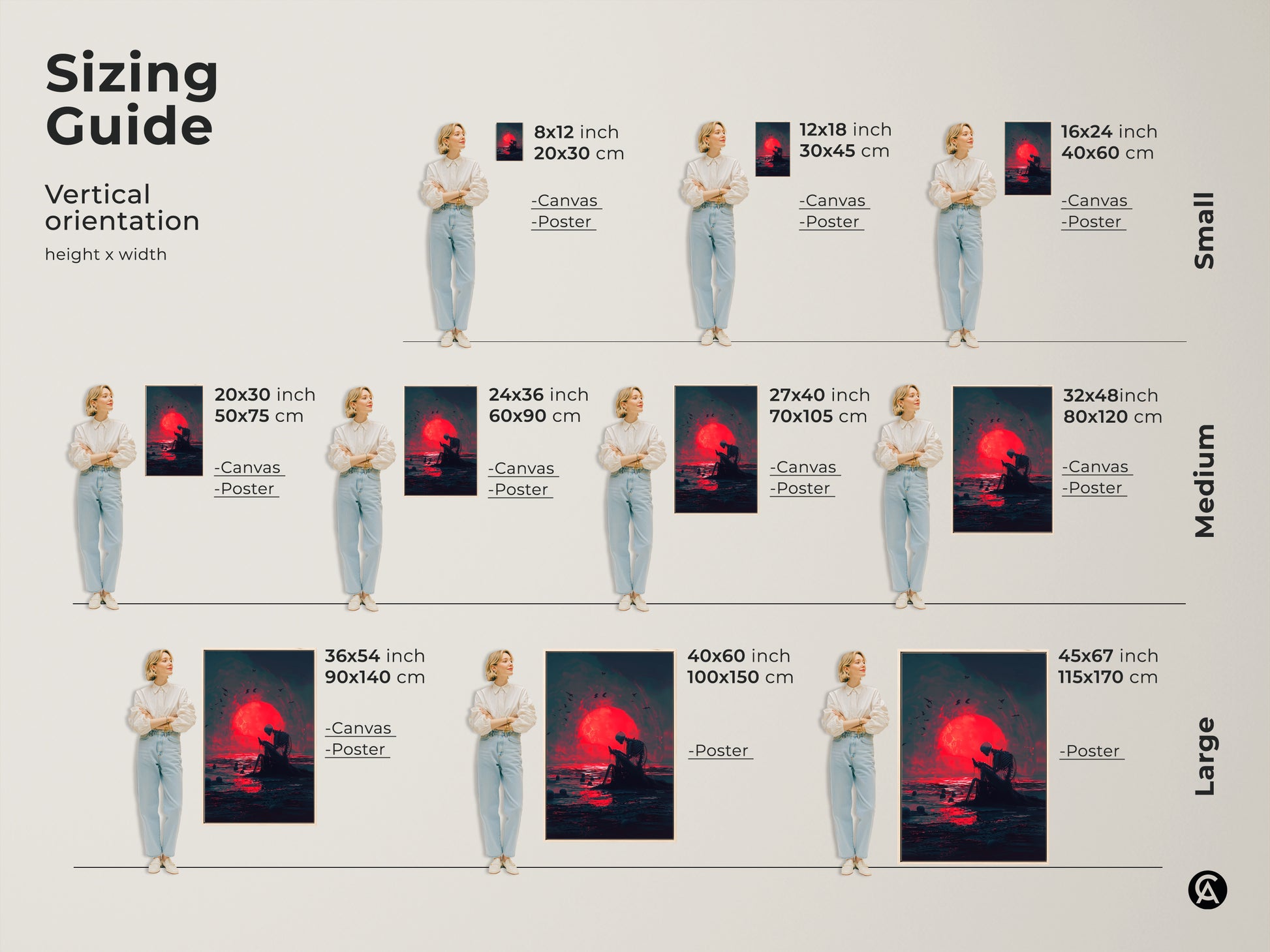 Sizing guide for vertical skeleton artwork sitting by the ocean during a red moon. Visualize how different sizes fit your space. Available as canvas or poster. Choose from small medium and large sizes. Find the perfect fit for your home decor. Shop now and transform your walls.