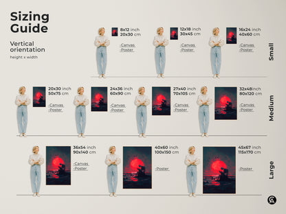 Sizing guide for vertical skeleton artwork sitting by the ocean during a red moon. Visualize how different sizes fit your space. Available as canvas or poster. Choose from small medium and large sizes. Find the perfect fit for your home decor. Shop now and transform your walls.