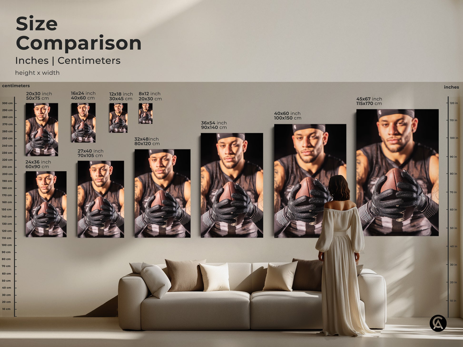 Size comparison of American Football art prints in inches and centimeters. See how the athlete portrait looks in various sizes. Perfect for canvas or poster formats. Decorate your living room or man cave with this striking sports wall art. A great gift for football fans.