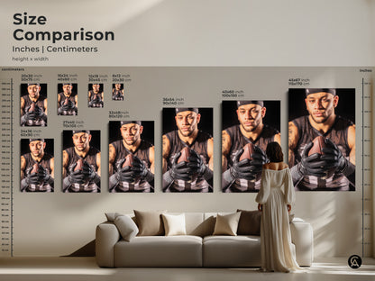 Size comparison of American Football art prints in inches and centimeters. See how the athlete portrait looks in various sizes. Perfect for canvas or poster formats. Decorate your living room or man cave with this striking sports wall art. A great gift for football fans.