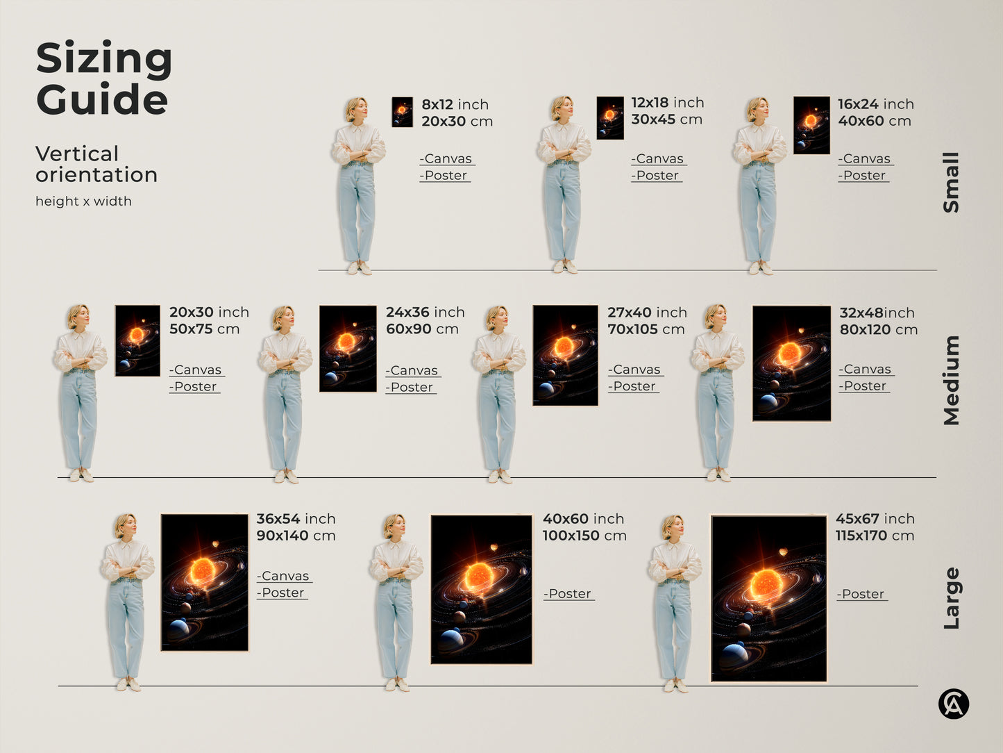 Explore the sizing guide for vertical solar system canvas and poster artwork. Find the perfect dimensions for your space from small to large sizes. Visualize how each piece will enhance your decor. Transform your walls with stunning cosmic art.