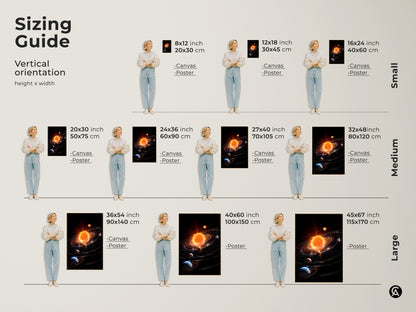 Explore the sizing guide for vertical solar system canvas and poster artwork. Find the perfect dimensions for your space from small to large sizes. Visualize how each piece will enhance your decor. Transform your walls with stunning cosmic art.