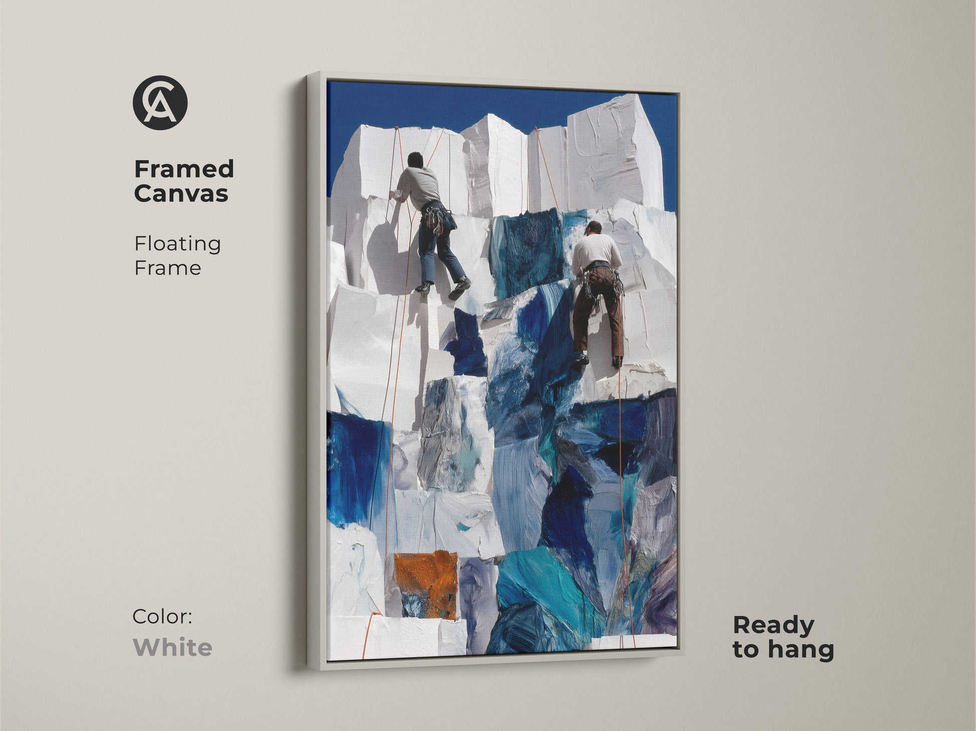 Framed canvas showcases abstract mountain climbing. It comes ready to hang in a white frame. The canvas art is perfect as a modern wall art piece or gift for adventurers.