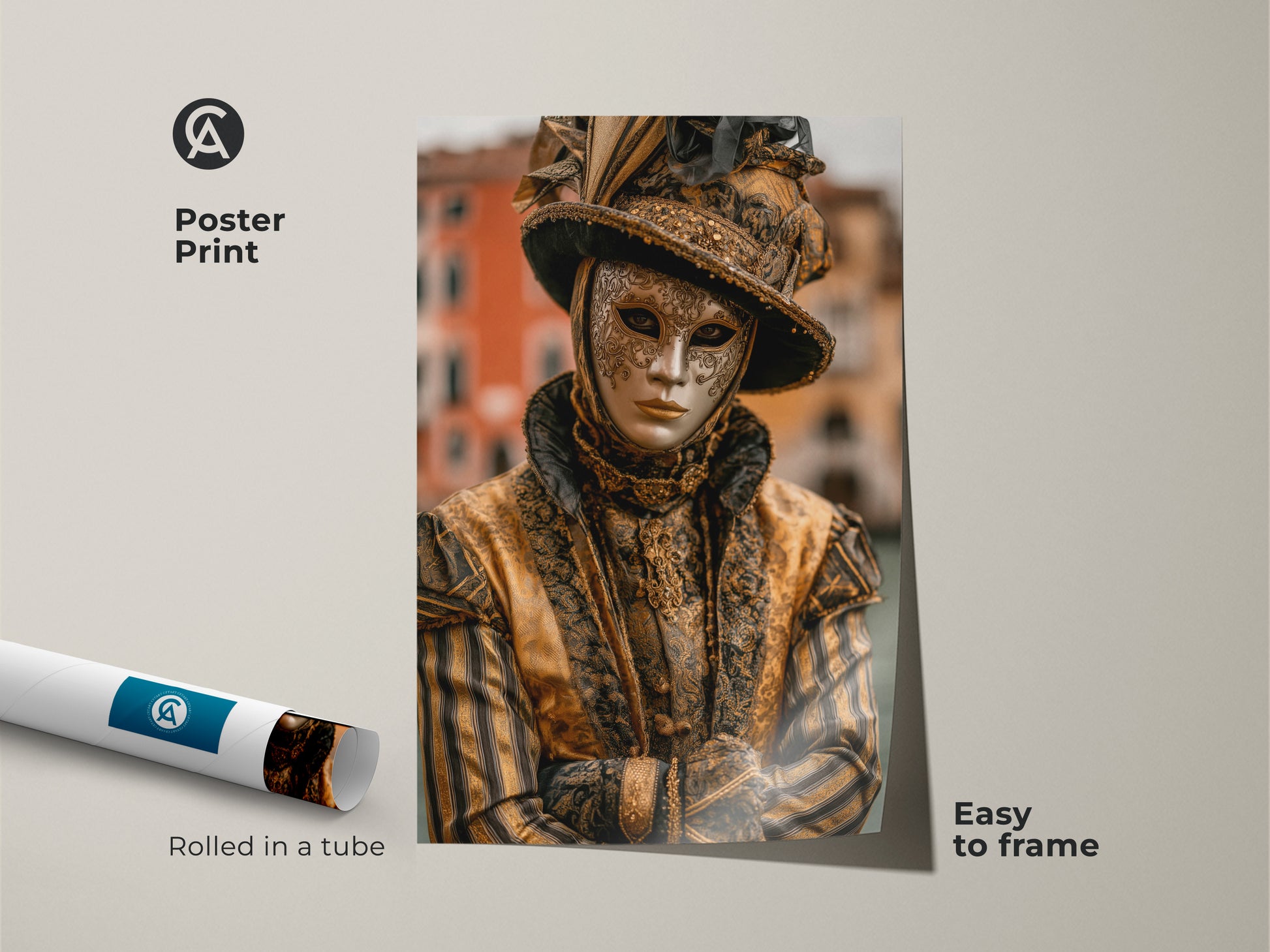 Poster print of Venice Carnival Mask artwork. The artwork features a person wearing a traditional gold mask and costume. It adds an elegant touch to any room. This poster print is easy to frame.