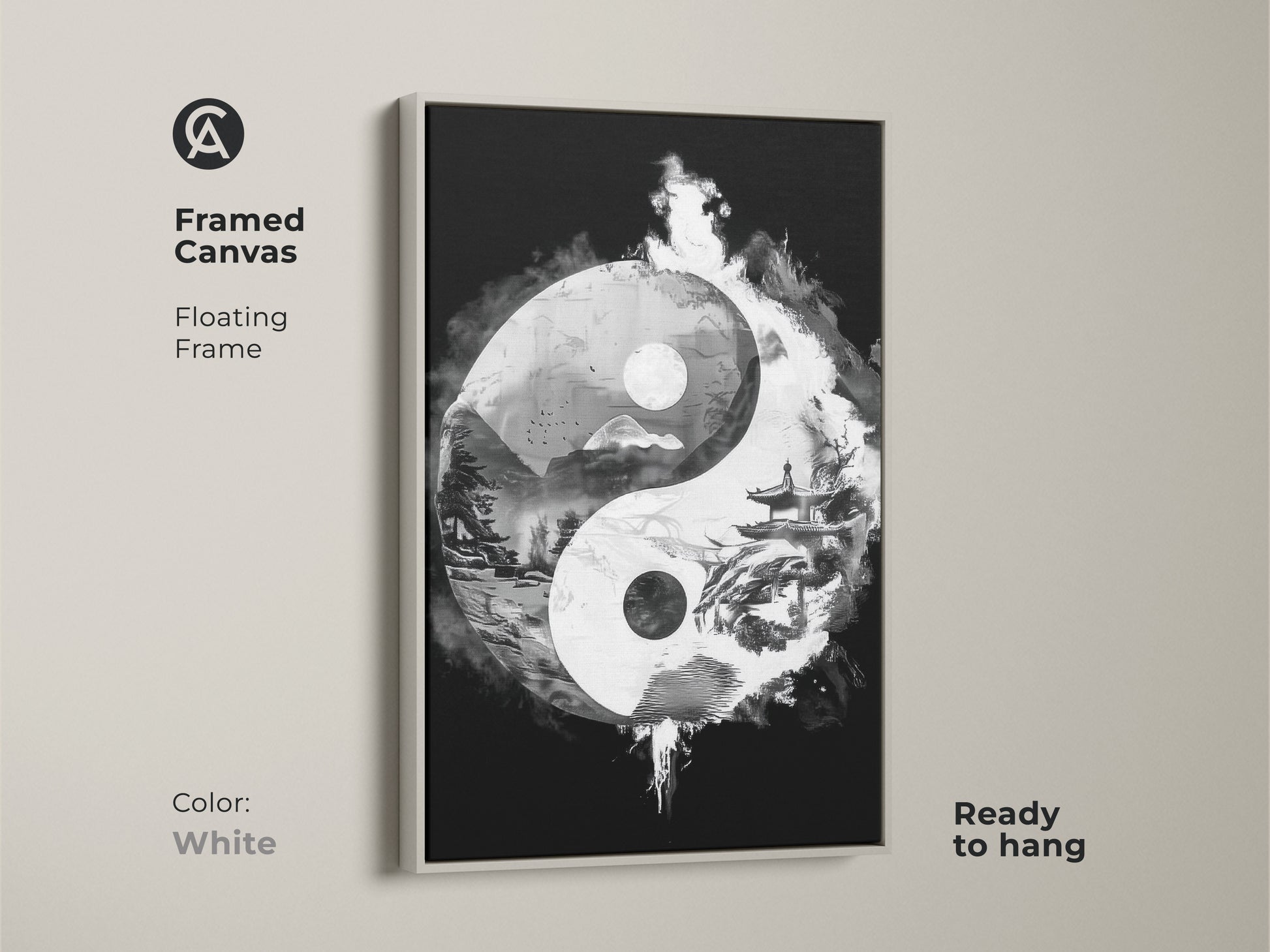 Framed canvas of Yin Yang abstract art with a white floating frame. Black and white surrealism brings zen balance. Ready to hang for contemplative office art. Ideal for Feng Shui wall art.