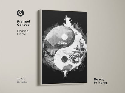 Framed canvas of Yin Yang abstract art with a white floating frame. Black and white surrealism brings zen balance. Ready to hang for contemplative office art. Ideal for Feng Shui wall art.
