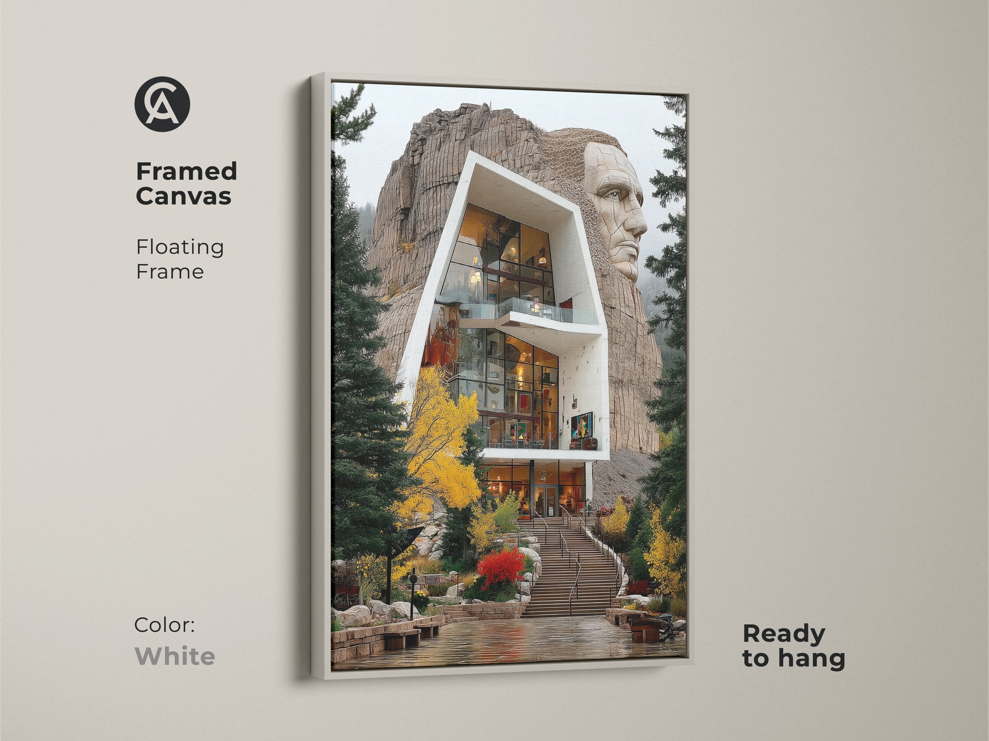 This white framed canvas features a contemporary house art print. It merges abstract building art with a carved stone head. White floating frame complements modern interior art. It's a perfect piece for entryway wall decor and a unique wall decor gift.