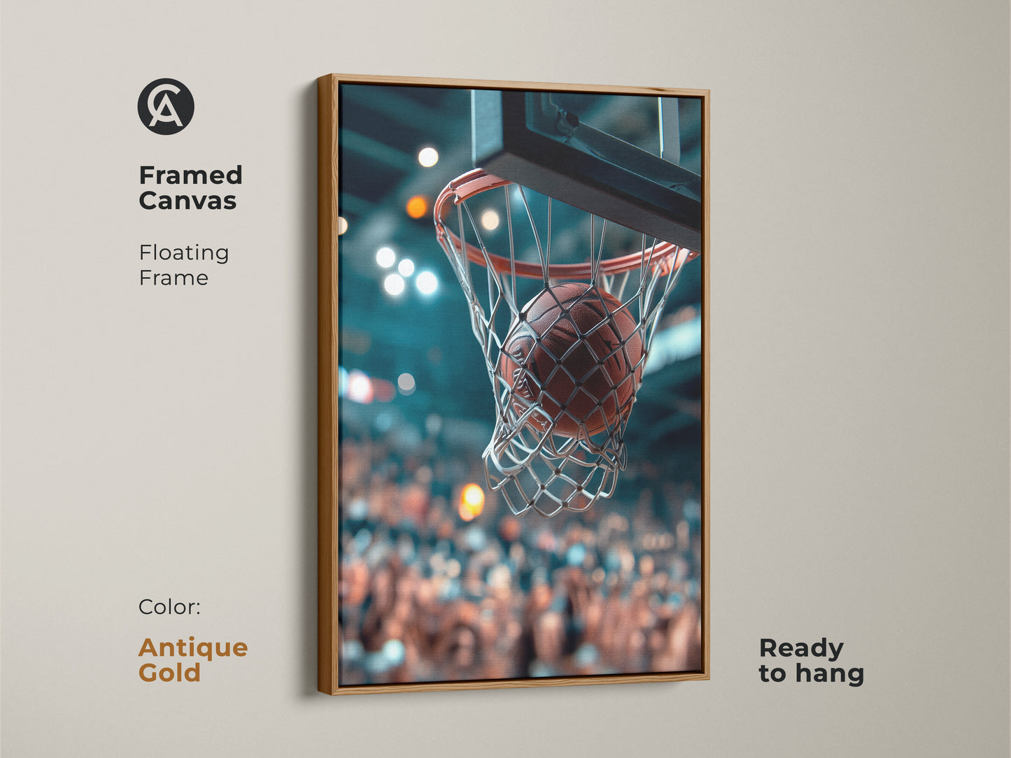 Framed canvas art in antique gold featuring a basketball going through the net. This floating frame is ready to hang. The background shows a blurred crowd. This unique artwork brings a touch of elegance to your space. Perfect for basketball fans.