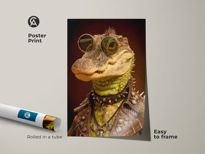 A poster print shows a rockstar alligator with sunglasses a leather jacket & studded collar. Easy to frame this alternative music decor is rolled in a tube for safe shipping. It will add a unique touch as office wall decor. This is cool alternative art.