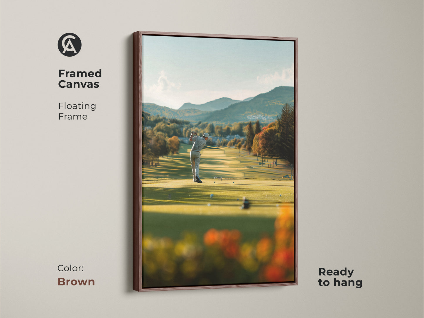 Framed golf artwork on canvas with a floating frame in brown color. The golfer is captured at the moment of striking the golf ball. The ready-to-hang art piece adds a touch of sophistication to your decor. The rich brown frame complements the natural scenery.
